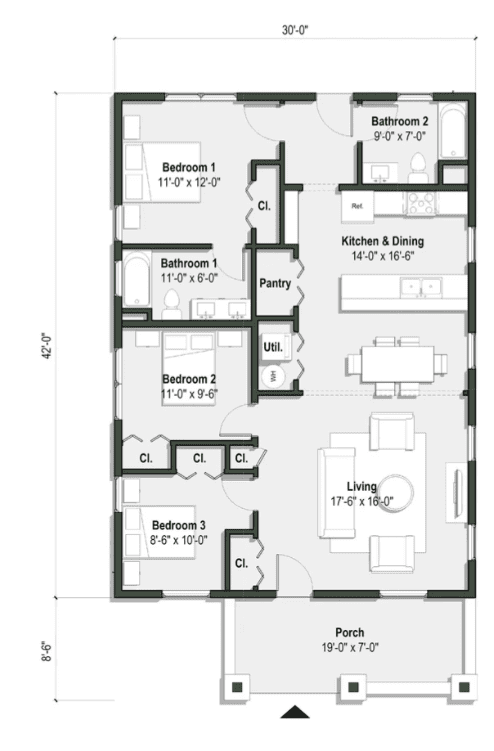 The Lewis II 1259 sq ft - Floor plan